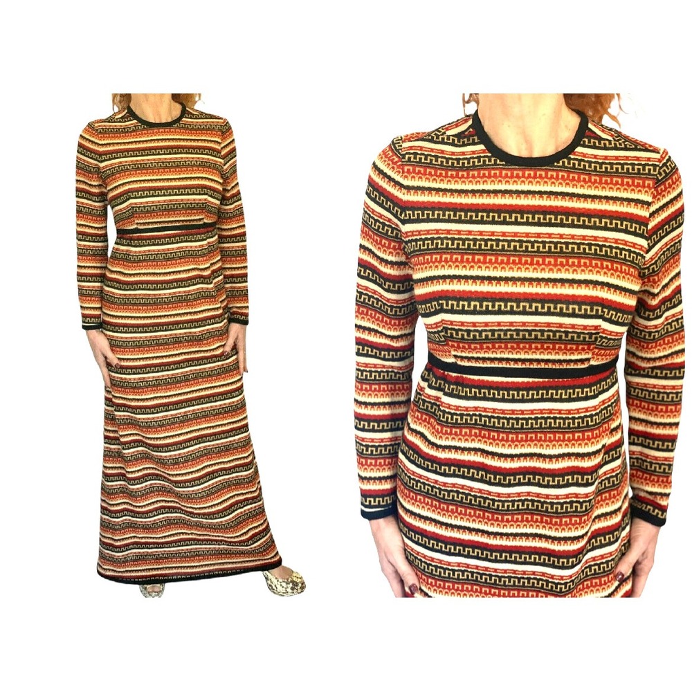 Vintage S. HOWARD HIRSH Wool Blend Striped Long Sleeve Maxi Sweater Gown Dress S